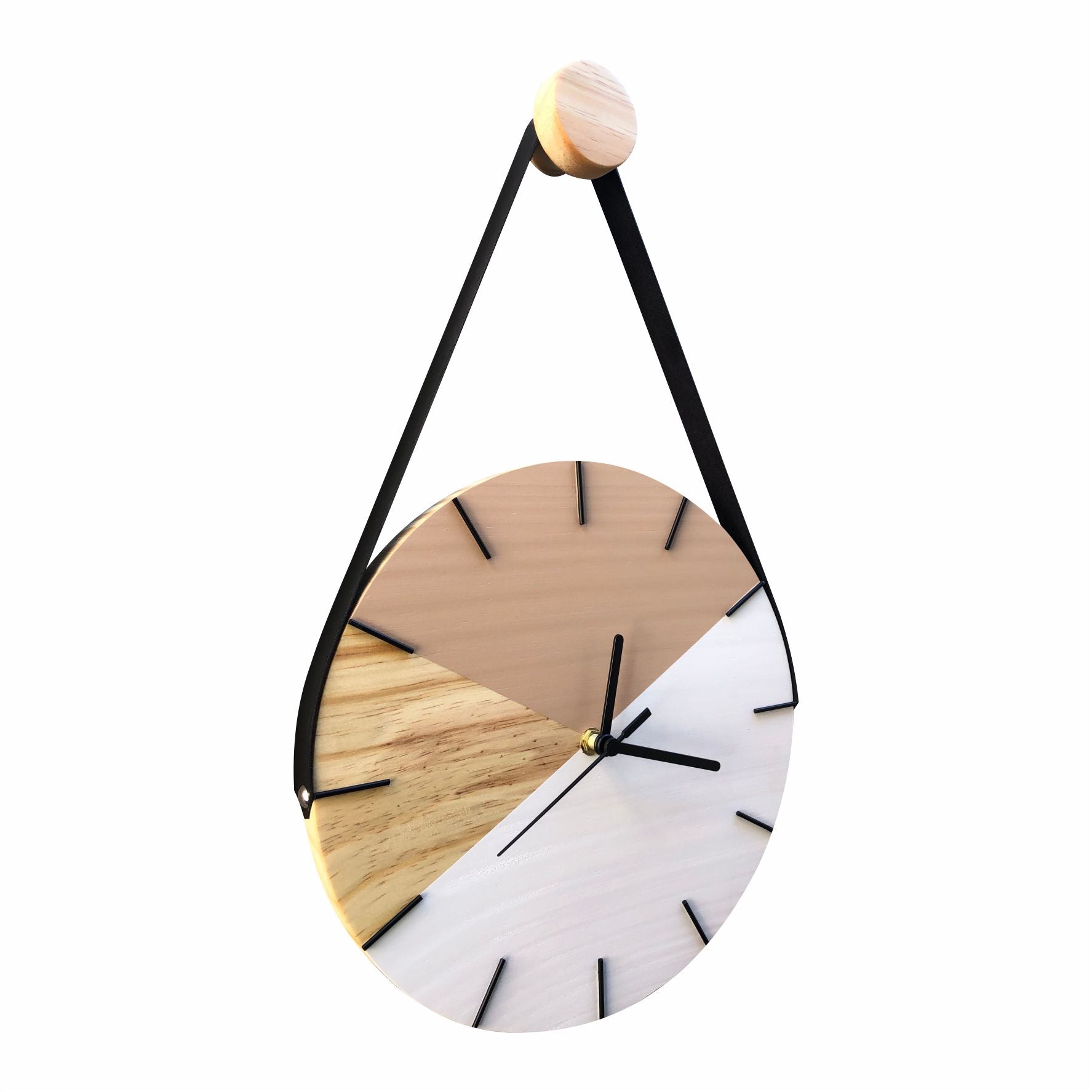 Relógio de Parede Geométrico Branco e Avelã com Alça 28cm - Uso Madeira 