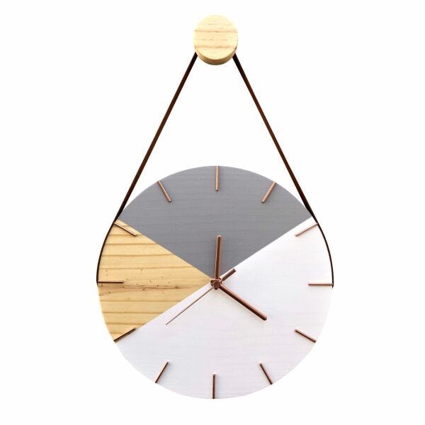 Relógio de Parede Geométrico Branco e Cinza Ponteiros Rosê com Alça - Uso Madeira 