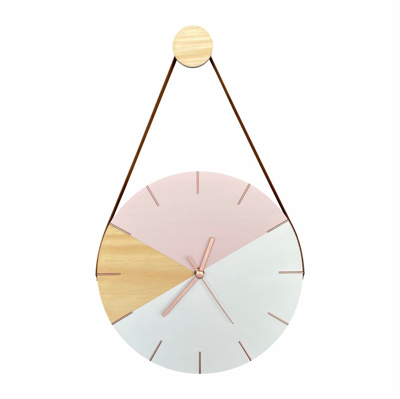 Relógio de Parede Geométrico Branco e Rosa com Alça Caramelo + Pendurador - Uso Madeira 