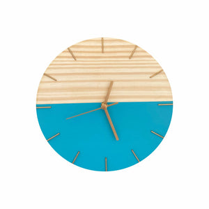 Relógio de Parede em Madeira Minimalista Azul Com Detalhes em Dourado 28cm - Uso Madeira 