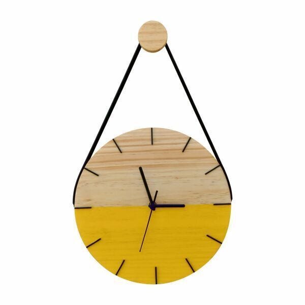 Relógio de Parede Minimalista em Madeira Amarelo com Alça + Pendurador - Uso Madeira 