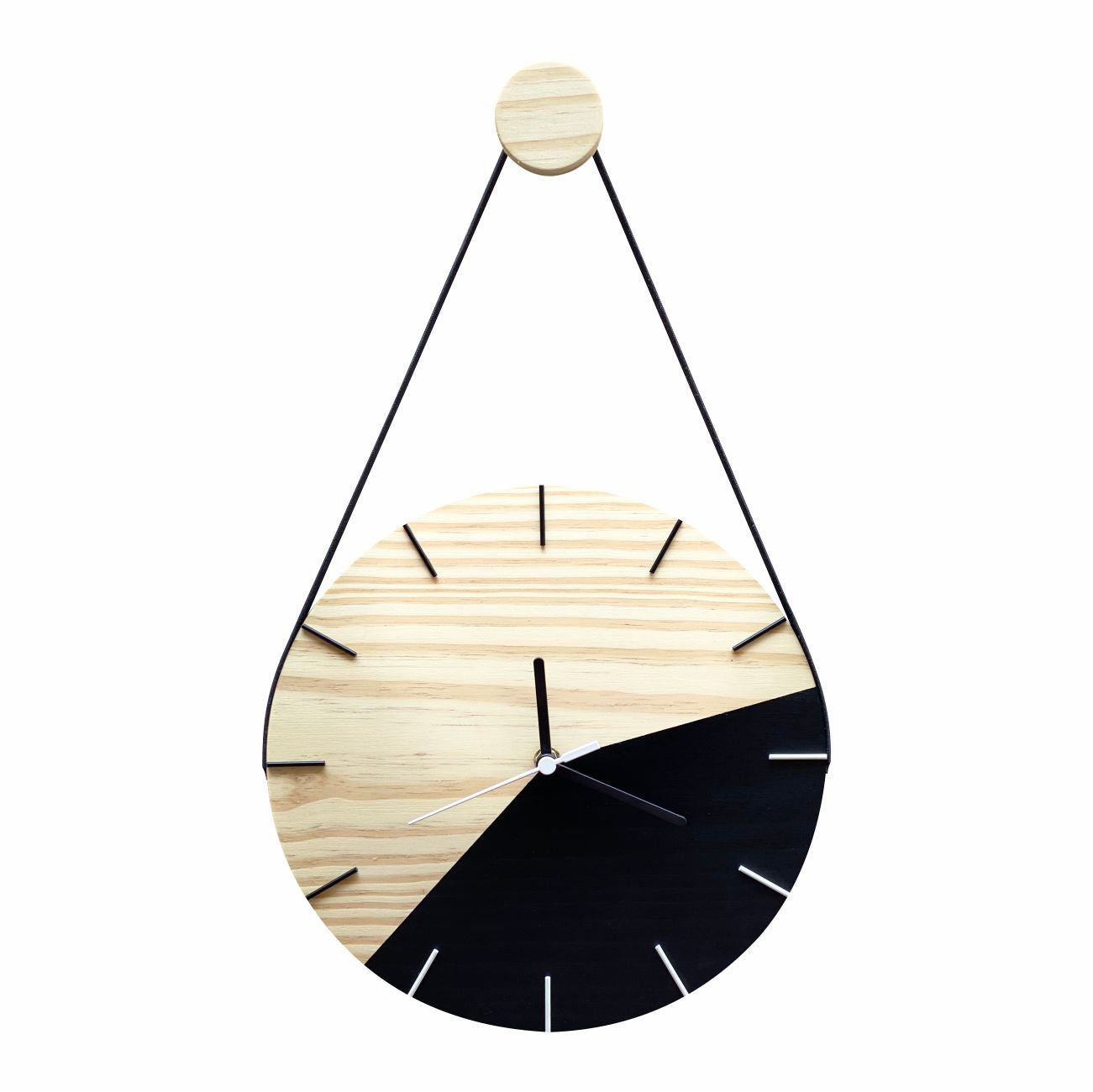 Relógio de Parede Minimalista Preto e Ponteiros Branco com Alça 28cm + Pendurador - Uso Madeira 