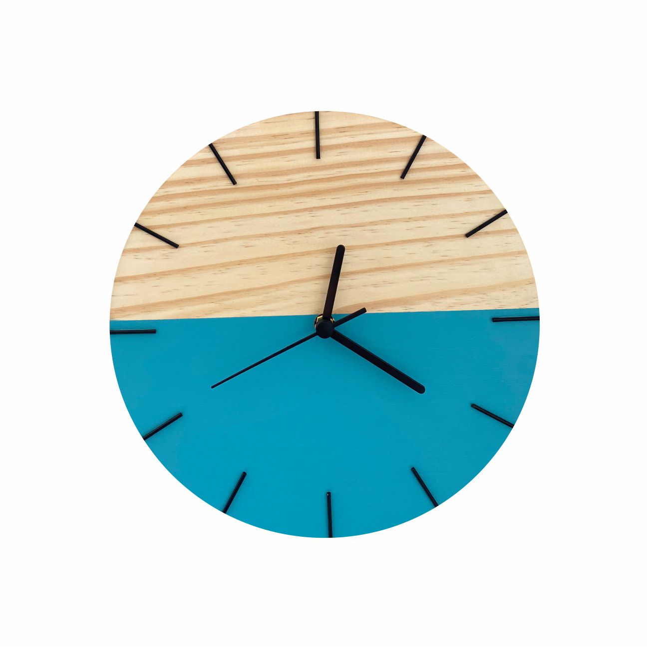 Relógio de Parede em Madeira Minimalista Azul Com Detalhes em Preto 28cm - Uso Madeira 