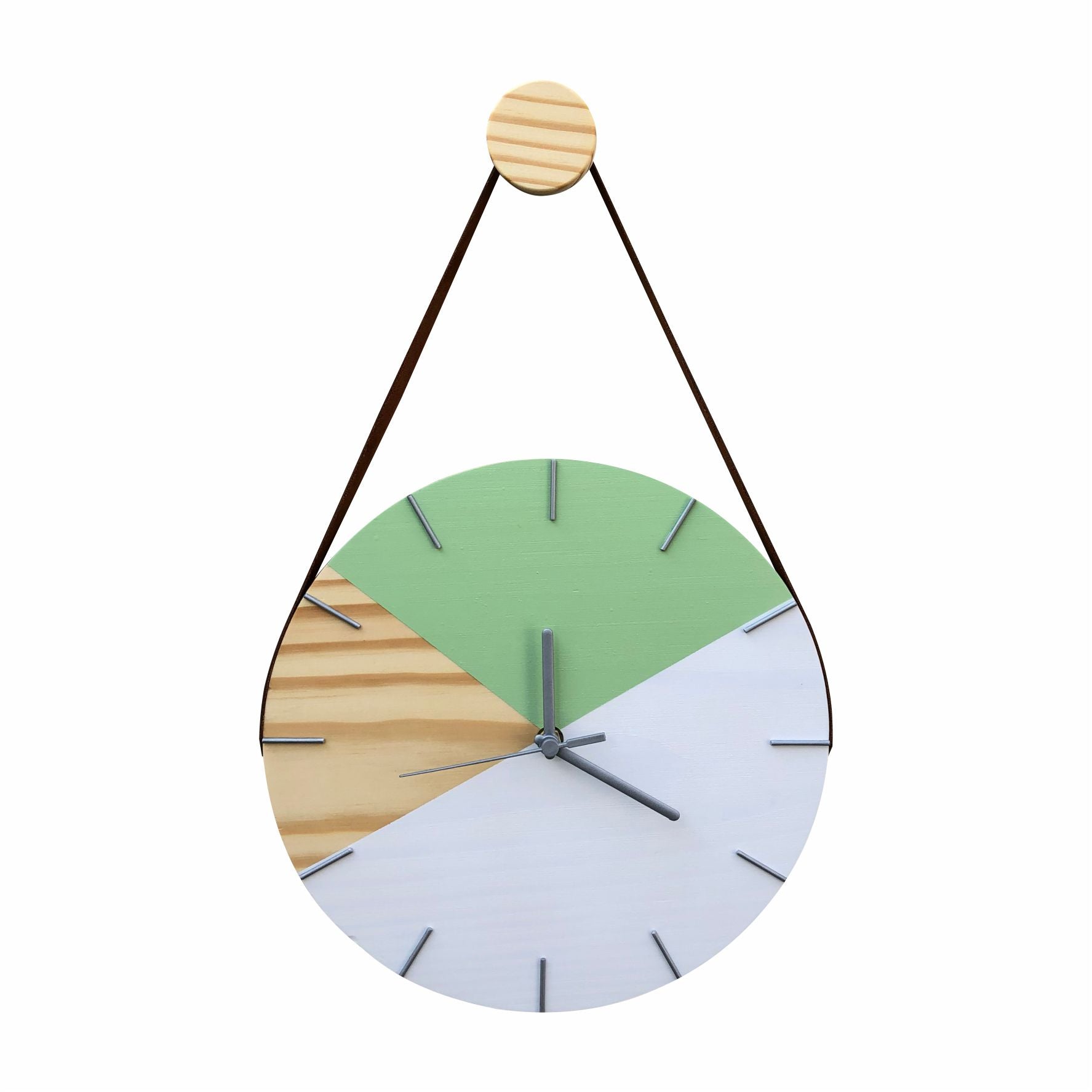 Relógio de Parede Decorativo Geométrico Branco e Verde com Alça - Uso Madeira 